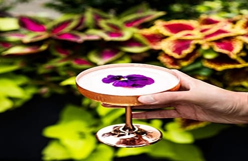 Cocktail in front of flowers| Refinery Rooftop